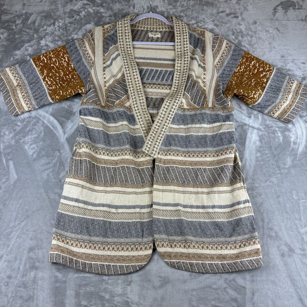 World Market Woven Tapestry Jacket Women's S/M White Tan Blue Lagenlook (0985)